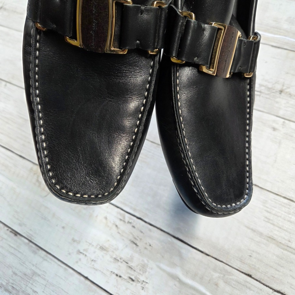 Salvatore Ferragamo Loafers Mens 7.5D Black Leather Wood Buckle‎ Driver Shoes - Picture 7 of 15